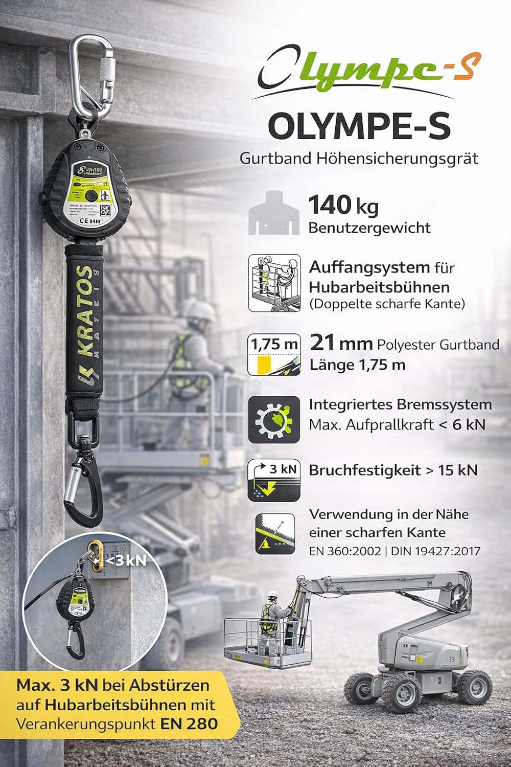 Kratos Safety Olympe-S Gurtband, Höhensicherungsgerät für Hubarbeitsbühnen, mit Bandfalldämpfer und