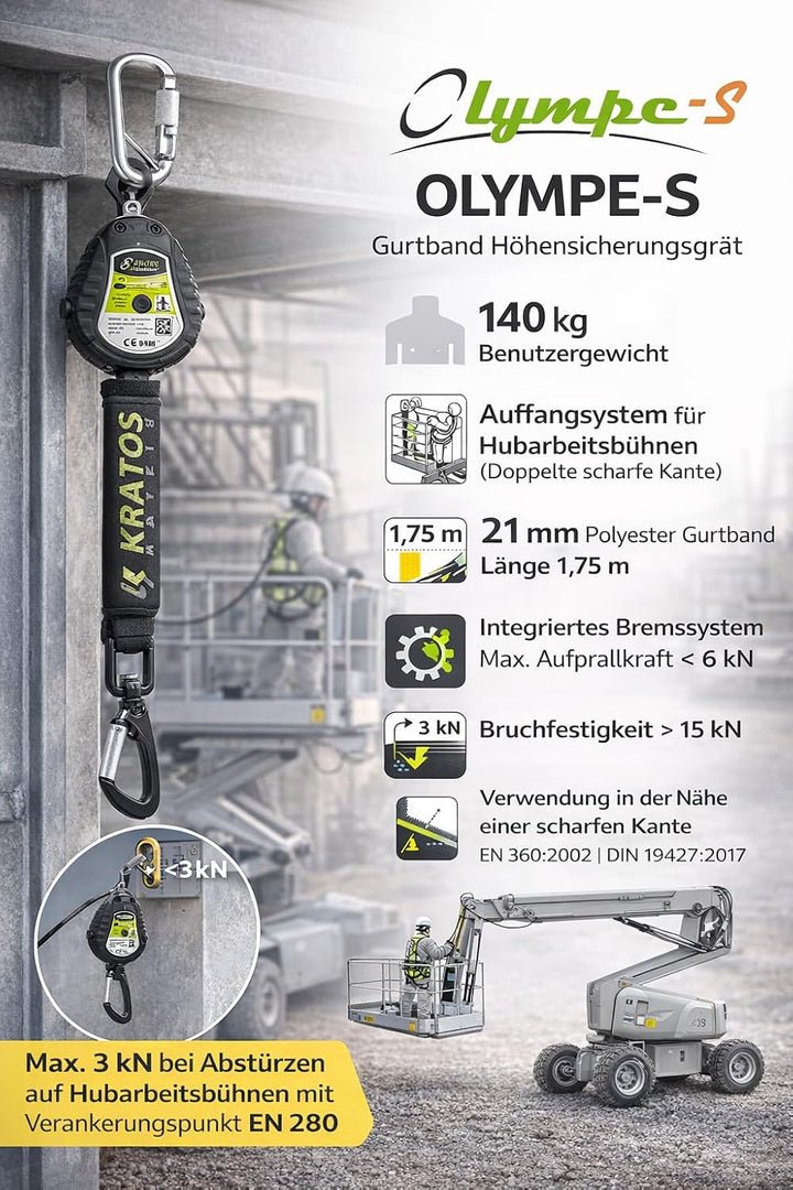 Kratos Safety Olympe-S Gurtband, Höhensicherungsgerät für Hubarbeitsbühnen, mit Bandfalldämpfer und