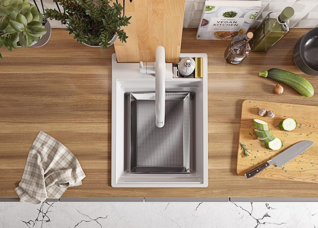 PRIMAGRAN Spülbecken Weiss 38x53cm, Granitspüle 1 Becken + Ablauf-Set, Küchenspüle ab 40er Unterschr