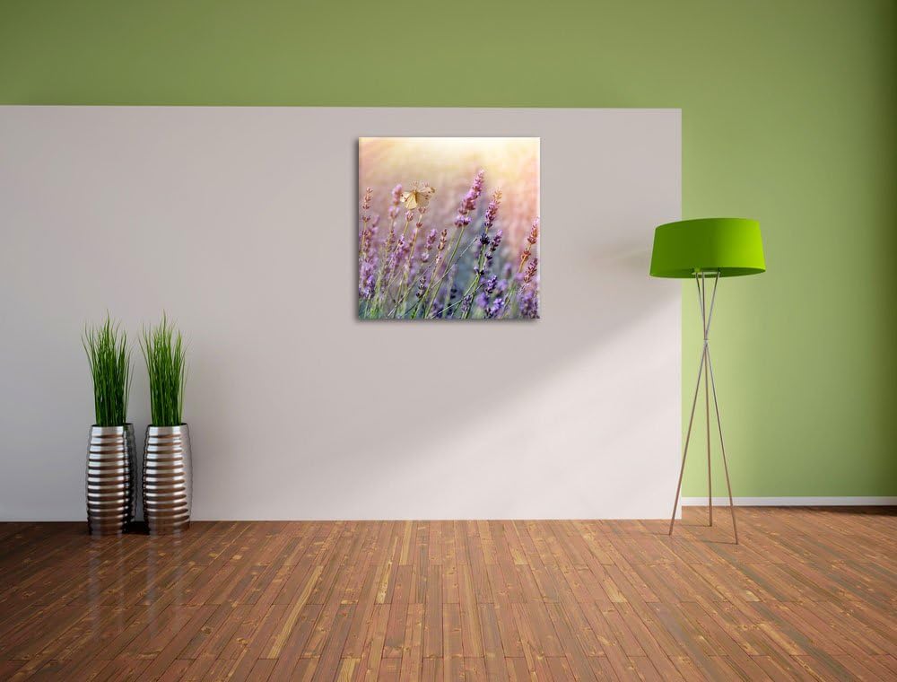 Pixxprint Schmetterlinge auf Lavendelblumen, Format: 70x70 auf Leinwand, 70x70