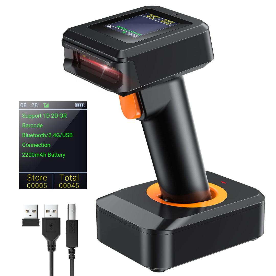 Tera 2D HW006 Barcode-Scanner, kabellos, QR-Code-Scanner mit Bluetooth, Zeitanzeige, Bildschirm, Bat