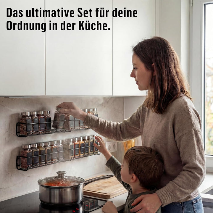 Deco haus® Gewürzregal Wand ohne Bohren [MIT 24 GEWÜRZGLÄSER & ETIKETTEN] - Gewürzregal Hängend 4er