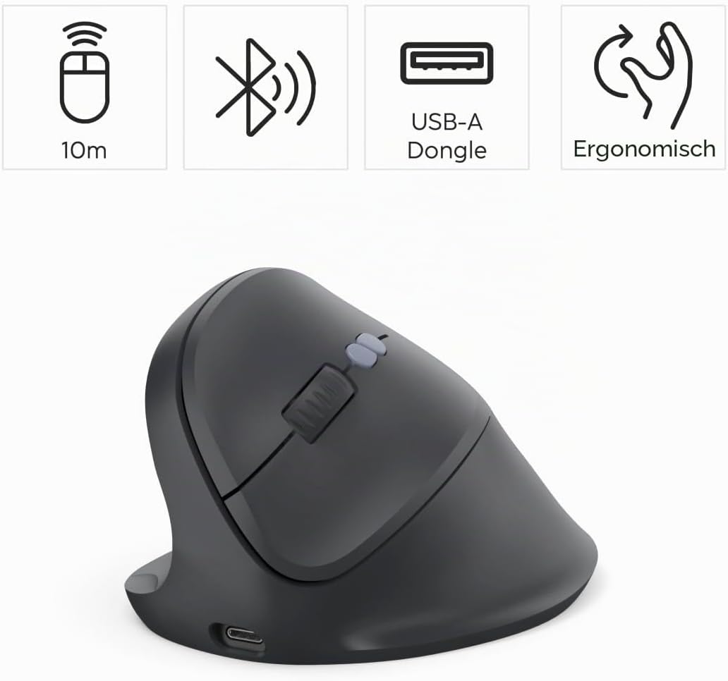 Hama Vertikalmaus für Linkshänder, Bluetooth/Funk (Multi Device, optische Maus ohne Klickgeräusch, 8
