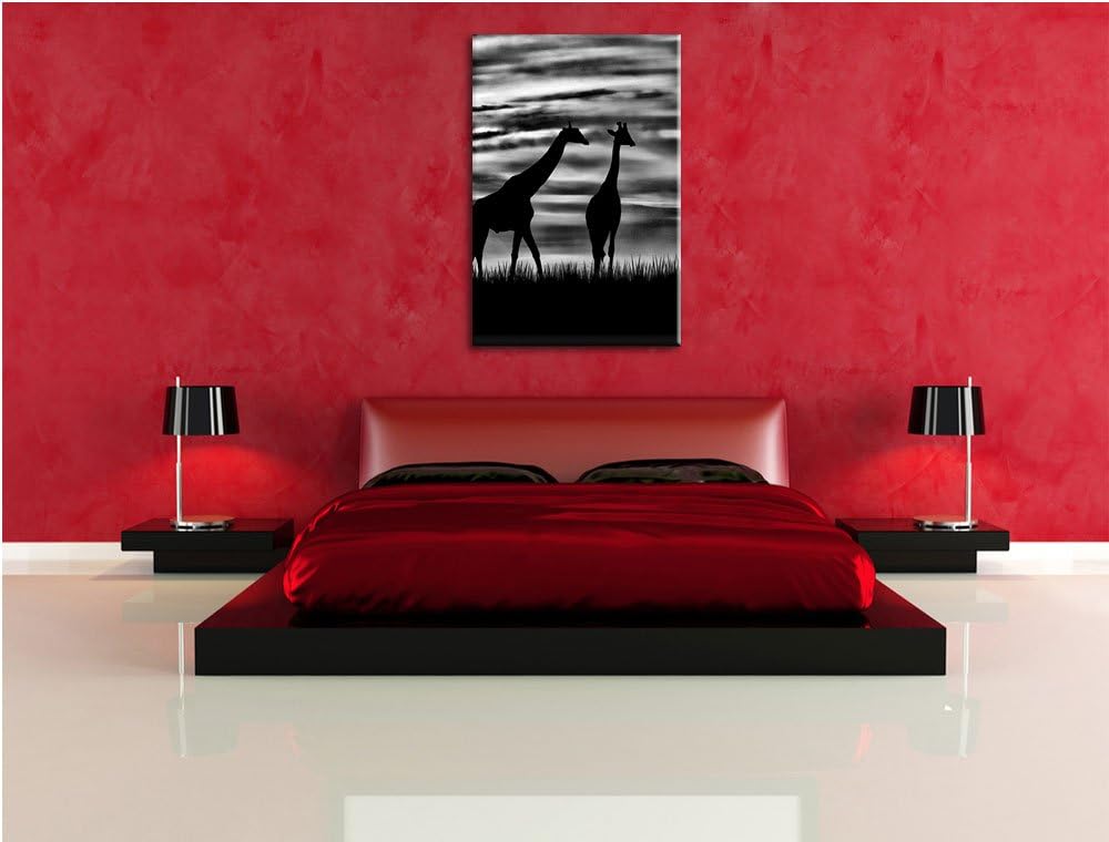 Pixxprint Monocrome, Afrika Giraffen im Sonnenuntergang, Format: 100x70 auf Leinwand, XXL riesige Bi