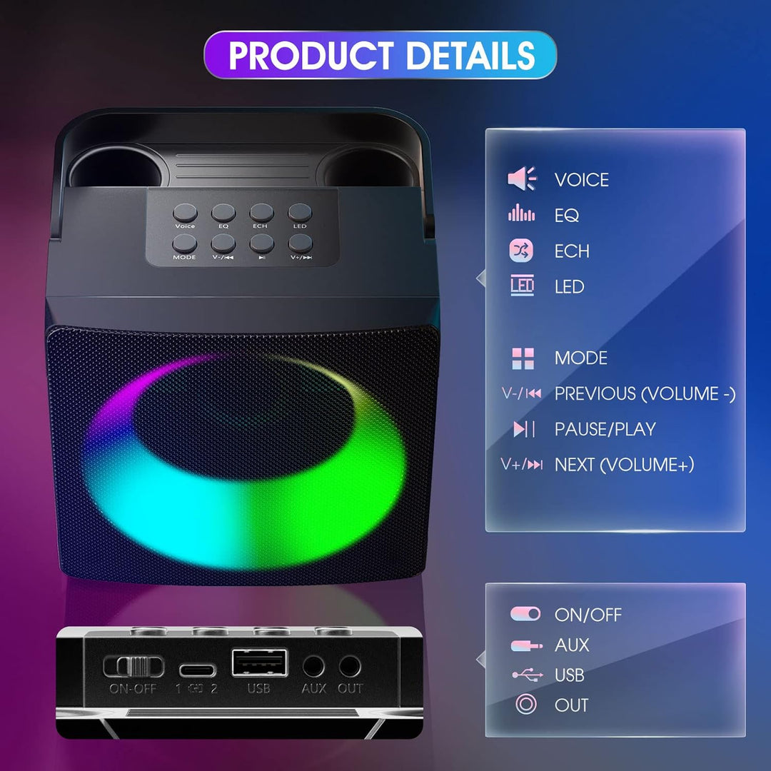 GJCrafts Karaoke Machine mit LED-Licht, Bluetooth Karaoke Lautsprecher mit 2 Drahtlosen Mikrofonen,