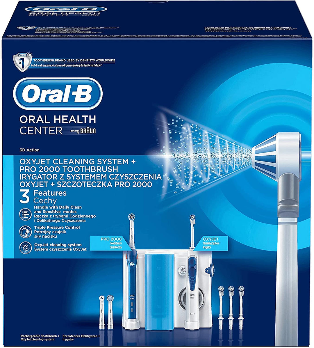 Oral-B Pro 2000 Elektrische Zahnbürste mit OxyJet Munddusche, 3 Aufsteckbürsten, 4 Ersatzdüsen, Set