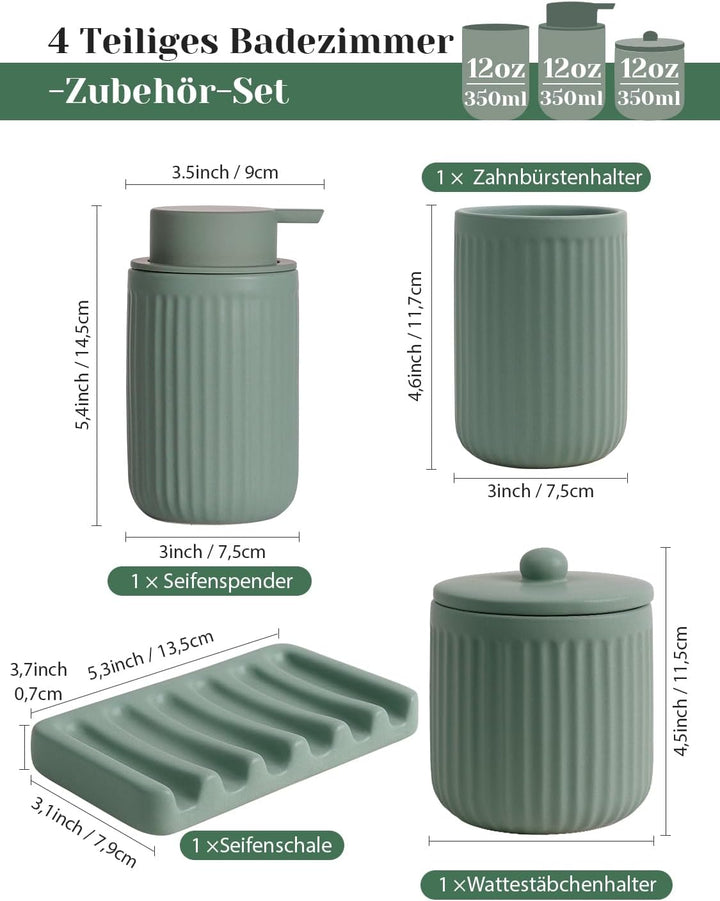 Badezimmer Set Grün, 4-teilig Keramik Bad Zubehör - 350 ml Seifenspender, Zahnputzbecher, Seifenscha