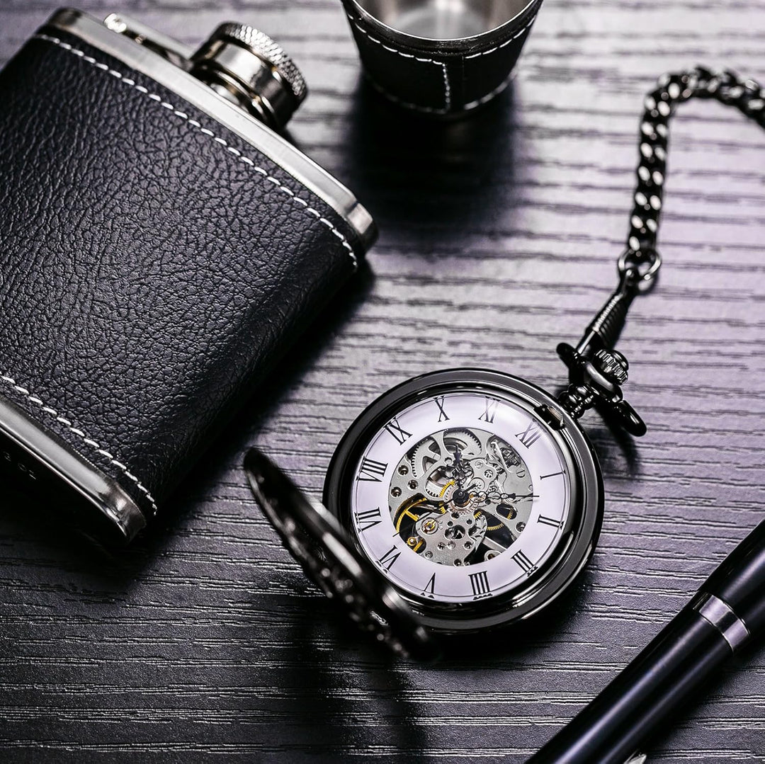 TREEWETO Unisex Taschenuhr mit Kette Analog Handaufzug Retro Pegasos Geflügeltes Pferd Schwarz
