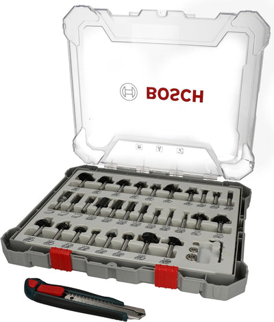 Bosch Professional 30tlg. Fräser Set mit Cuttermesser (für Holz, Ø 8 mm Schaft, Zubehör Oberfräse)