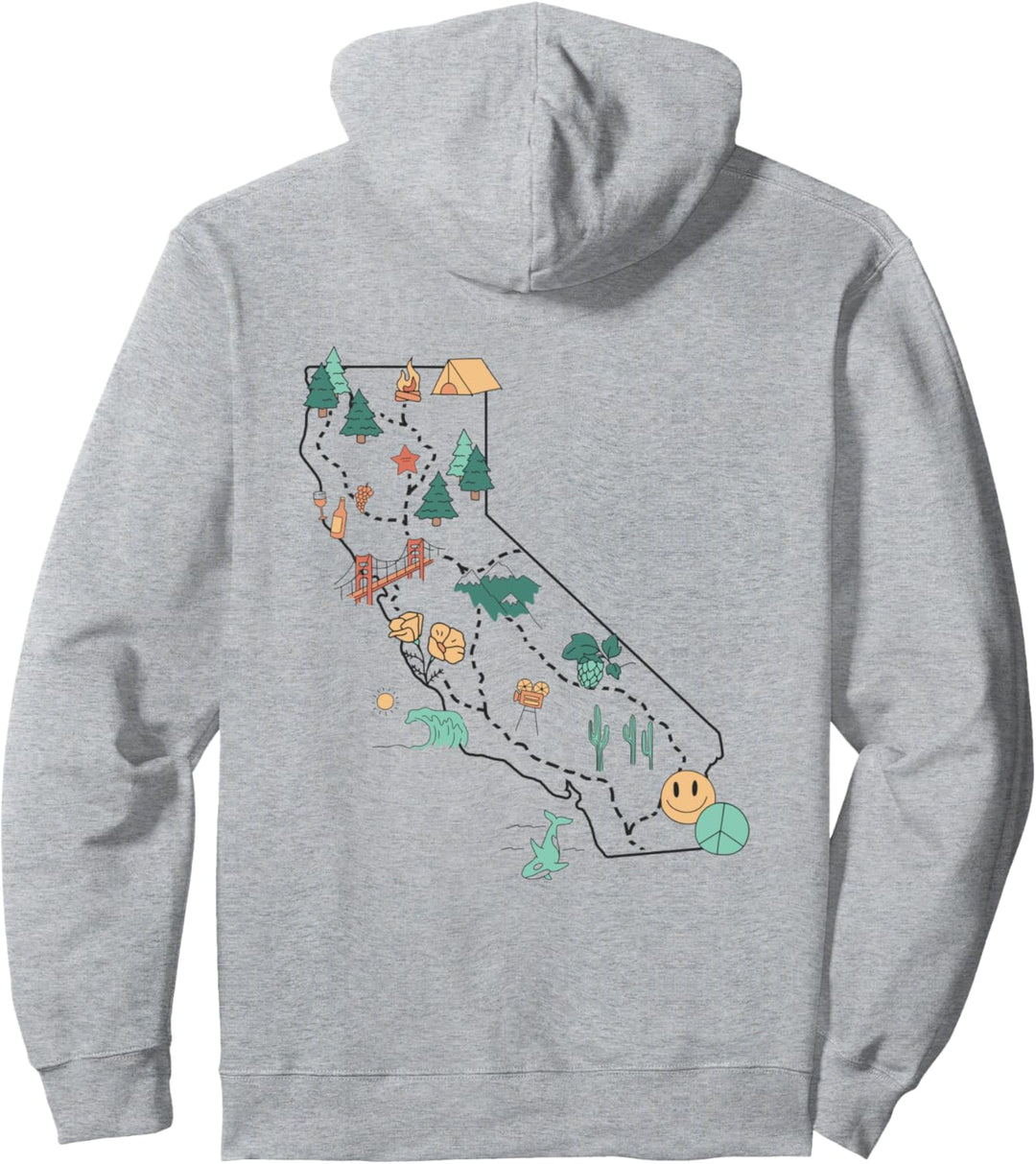Trendy California Landmarks Icon Map & Text Front & Back Pullover Hoodie
