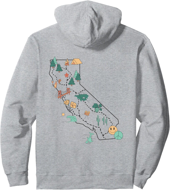 Trendy California Landmarks Icon Map & Text Front & Back Pullover Hoodie
