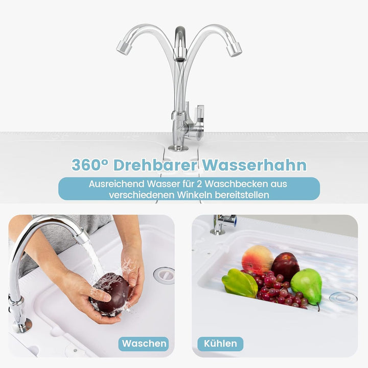 GYMAX Campingtisch mit 2 Spülen & Wasserhahn & Abfallkorb Filetiertisch Klappbar mit Messskala Garte