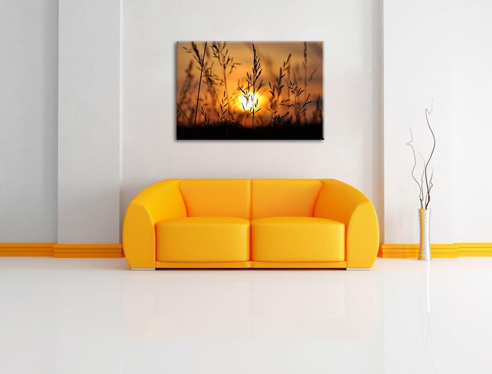 Gras bei Sonnenuntergang Format: 100x70 auf Leinwand, XXL riesige Bilder fertig gerahmt mit Keilrahm