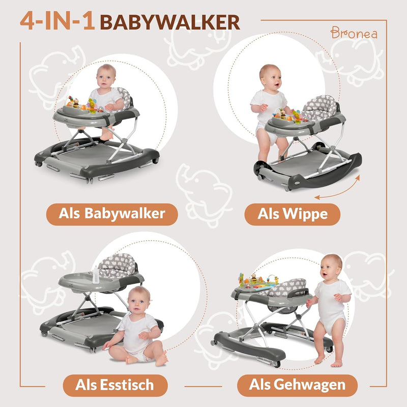 BRONEA 4-in-1 Gehfrei Baby ab 6 Monate | Lauflernwagen mit Schaukelfunktion und Spielpaneel mit Musi