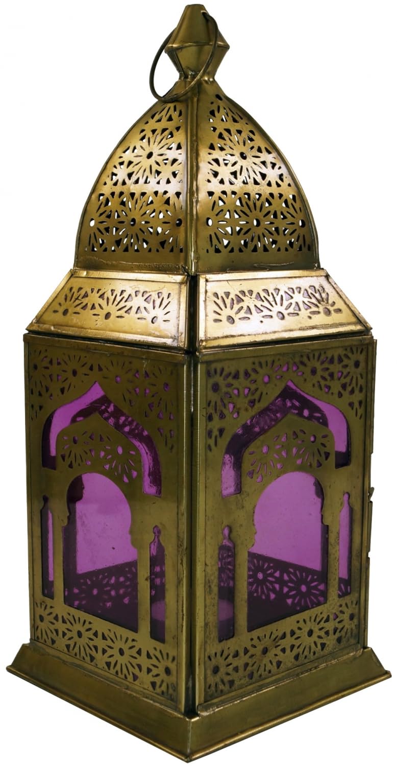 GURU SHOP Orientalische Metall/Glas Laterne in Marrokanischem Design, Windlicht, Lila, Farbe: Lila,