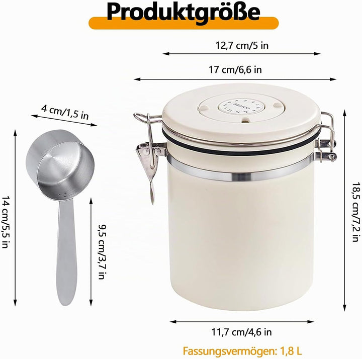 Kaffeedose Luftdicht aus Edelstahl, 1,8L Kaffeedose Luftdicht, Kaffeebohnen Behälter,Kaffee Dose,Mit