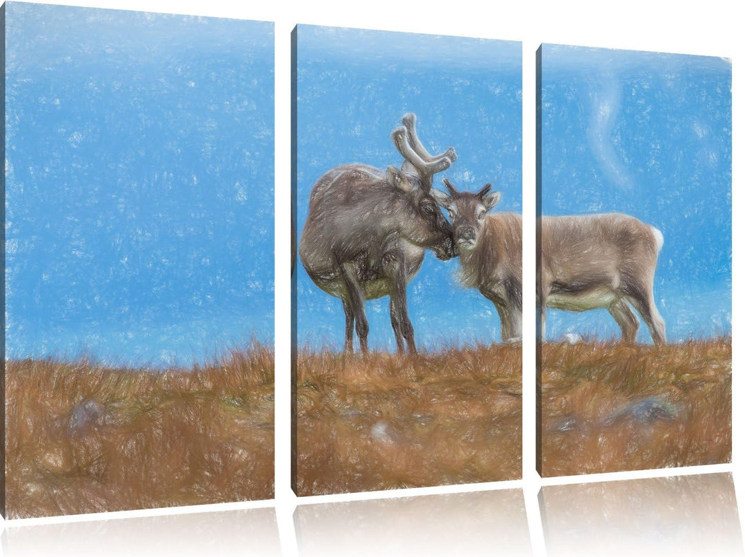 Pixxprint Rentiere die miteinander schmusen als Leinwandbild/Grösse: 3 Teilig (120x80) / Wandbild/Ku