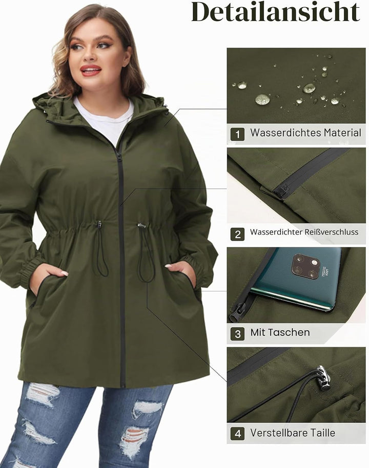 Hanna Nikole Damen Grosse Grösse Regenjacke Leicht Wasserdicht Regenmantel mit Kapuze Windbreaker Sp