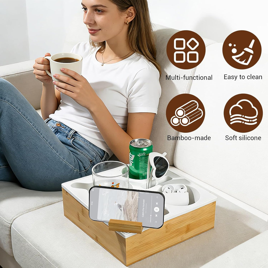VINATO Couchtisch mit Snackbox, 360° drehbarer Handyhalter, Getränkehalter & Staufächern – Aus Bambu