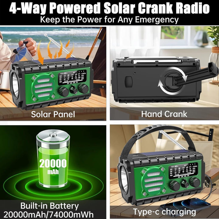 Tragbare Solar Radio 20000mAh, Notfall Radio mit Kurbel, Dynamo SW/AM/FM Notfallradio mit Wiederaufl