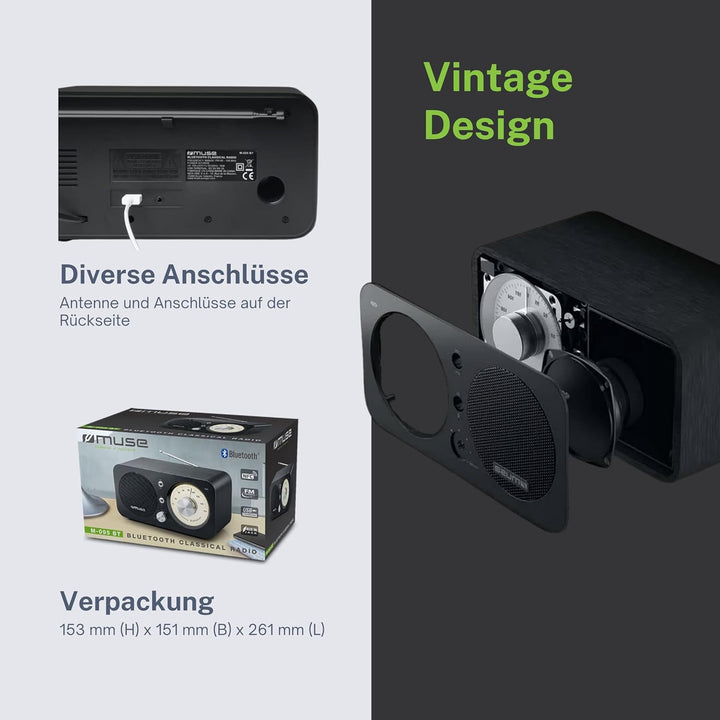 Muse M-095 BT Bluetooth Retro-Radio mit UKW Tuner, NFC und USB-Ladeanschluss (Teleskop-Antenne, AUX)