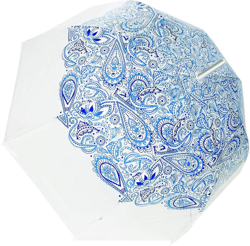SMATI Durchsichtiger Regenschirm transparent Stockschirm Glockenform Blau Paisleymuster, Blau Paisle