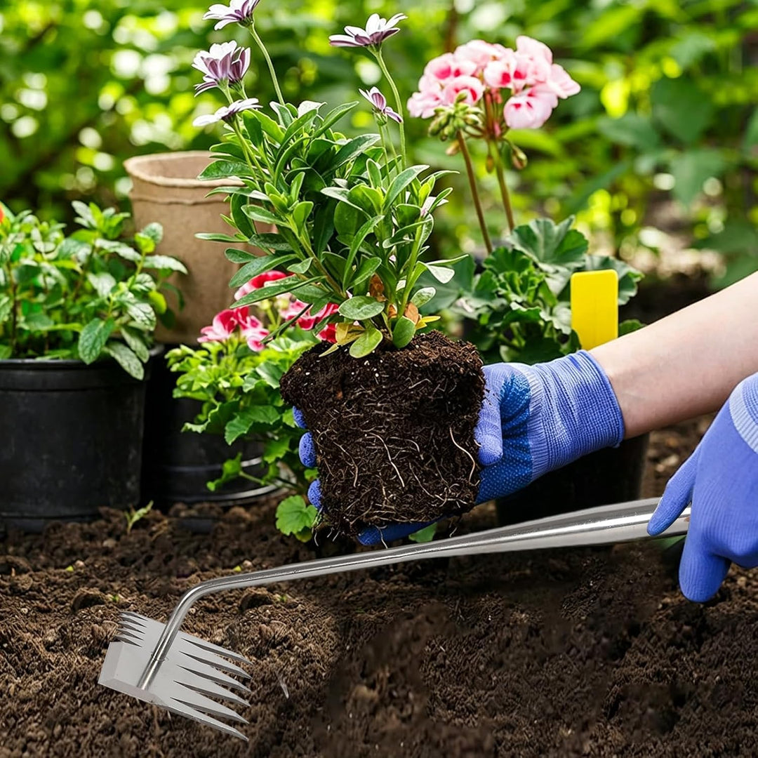 Unkrautentferner, 2-in-1 Unkrautjäter mit langem Stiel, Unkrautrechen und Gartenhacke, Effiziente Un