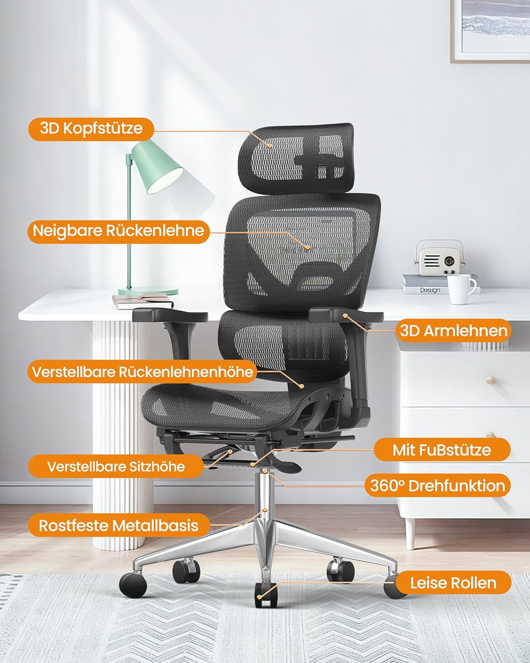 naspaluro Bürostuhl Ergonomisch, Schreibtischstuhl mit hoher Rückenlehne aus Netzgewebe, Belastbarke