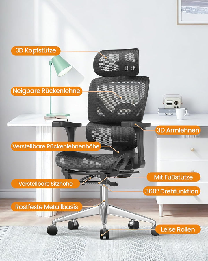 naspaluro Bürostuhl Ergonomisch, Schreibtischstuhl mit hoher Rückenlehne aus Netzgewebe, Belastbarke