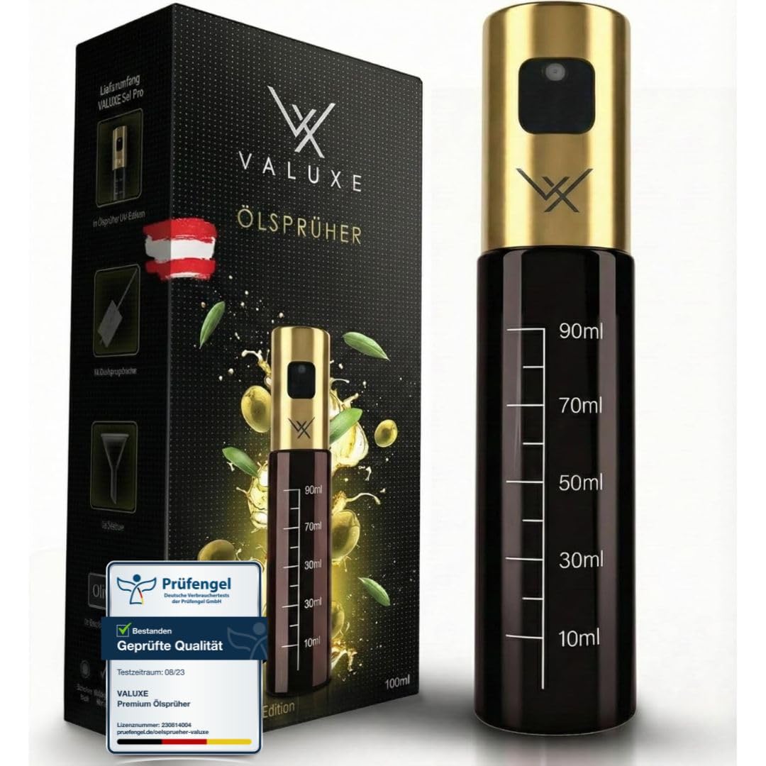 VALUXE® Ölsprüher für Speiseöl und Essig mit UV-Schutz Glas & Sprühfilter - Edelstahl Öl-Sprühflasch