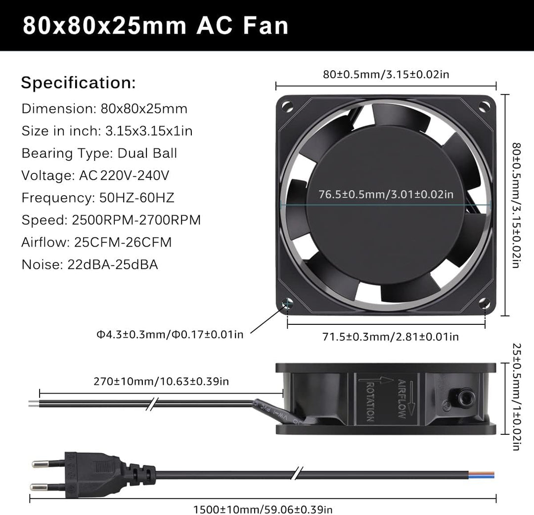 GDSTIME 80mm Lüfter 80 x 25mm 230V Lüfter Dual Kugellager 240V 80mm Lüfter AC 220V Kühlung Lüfter 80
