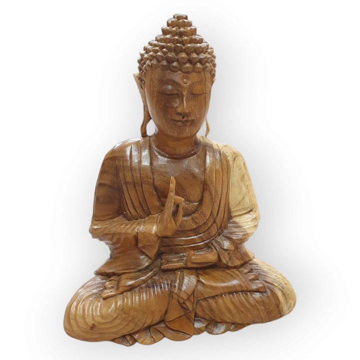 Kinaree Massivholz Buddha - Akazie Holz geschnitzter Buddha - 34cm Suar Skulptur, sitzender Buddha