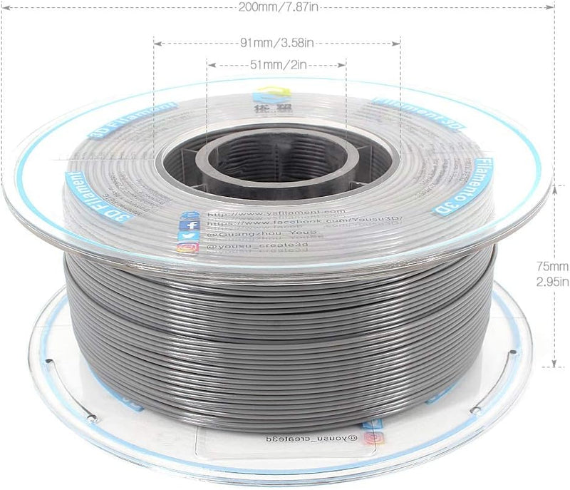 YOUSU PETG 3D Printer Filament 1.75mm Gray, 1kg PLA Filament (2.2lbs) Better Physical Strength and L