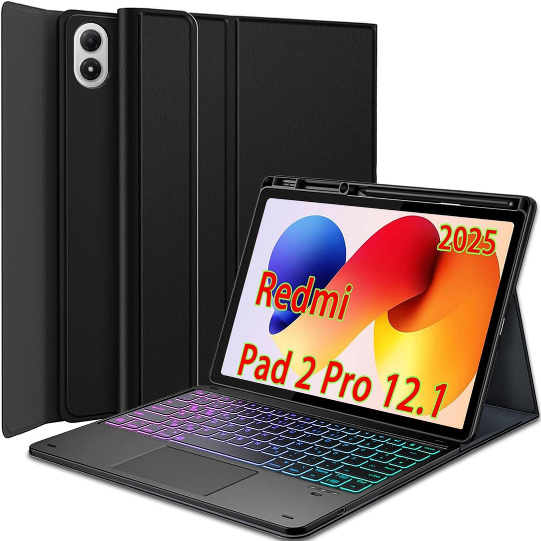 Hülle mit Touchpad Tastatur für Xiaomi Redmi Pad 2 Pro 12.1 Zoll 2025, 3-Zonen 7-Farben Beleuchtung,