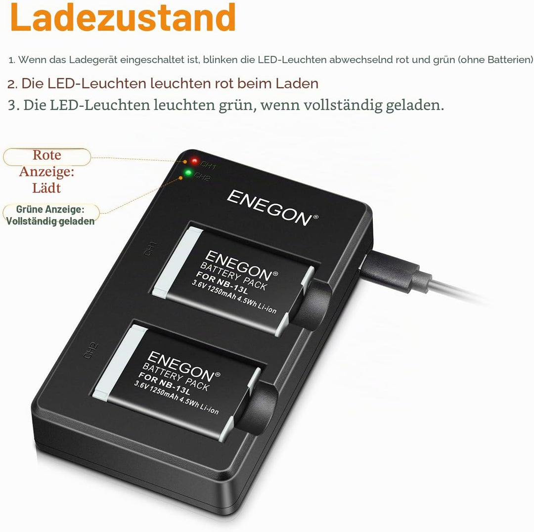 ENEGON NB-13L Lithium-Akku(2Stück), Dual Ladegerät für Canon PowerShot G5 X,G5X Mark II,G7 X,G7 X Ma