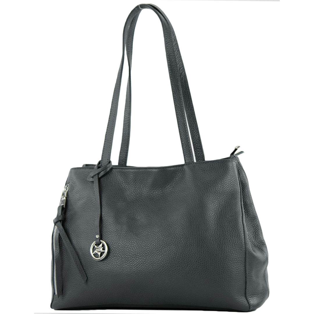 modamoda de T205 Damen Leder Schultertasche Shopper Henkeltasche handmade in Italy Anthrazitgrau, An