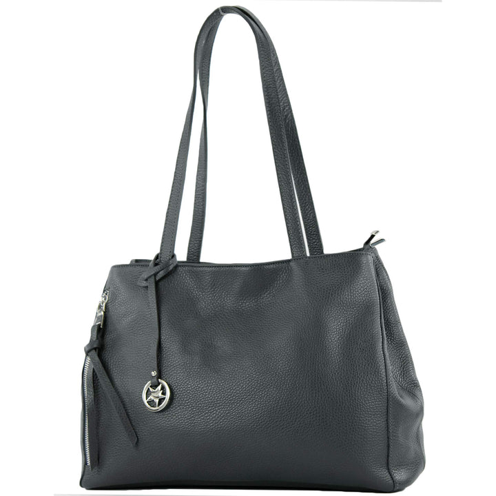 modamoda de T205 Damen Leder Schultertasche Shopper Henkeltasche handmade in Italy Anthrazitgrau, An