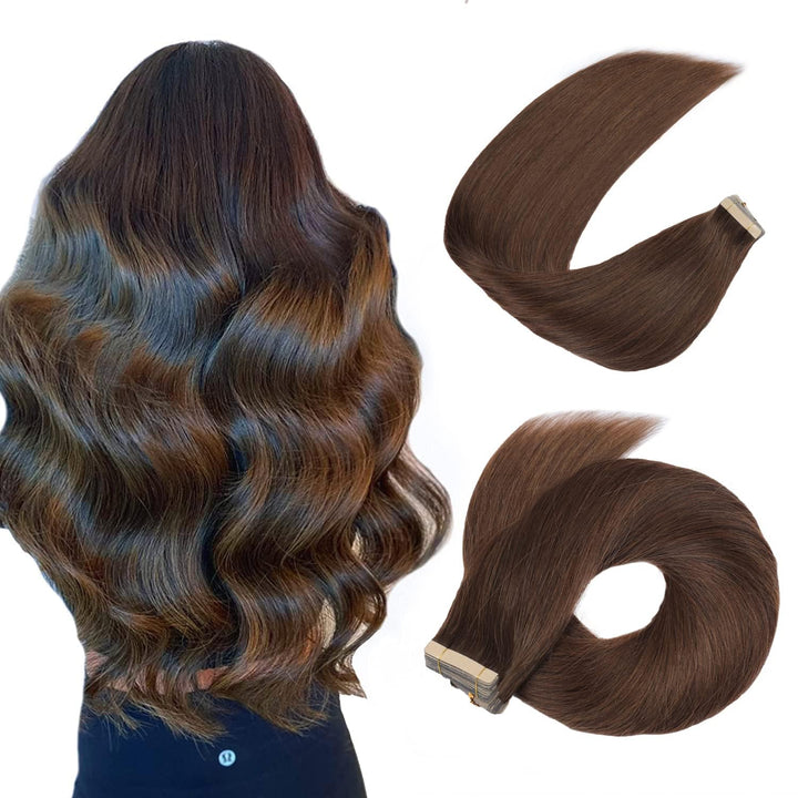 HotLulana Tape In Extensions Echthaar 100% Natural Real Hair Extensions Tape Chestnut Brown Real Hai