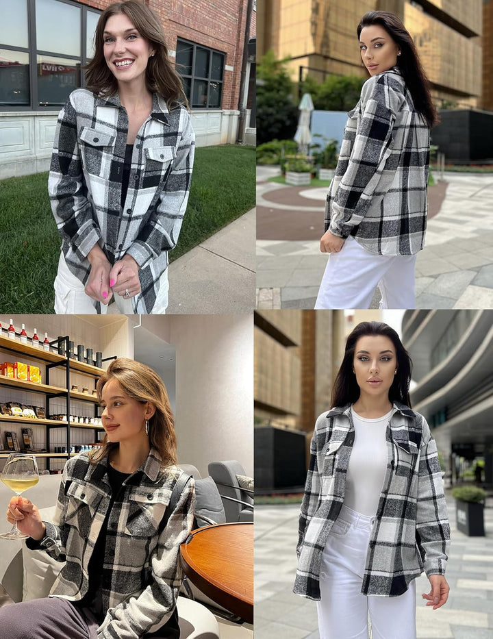 Zeagoo Damen Hemdjacke Karierte Flanellhemd Langarm Loose Shacket Flanell Bluse Jacke mit Knöpfen Üb