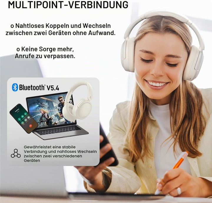 Edifier V80 Wireless Over Ear Kopfhörer mit -44dB ANC, Hi-Res Audio Wired, 45Std. AKKU, Multi-Point-