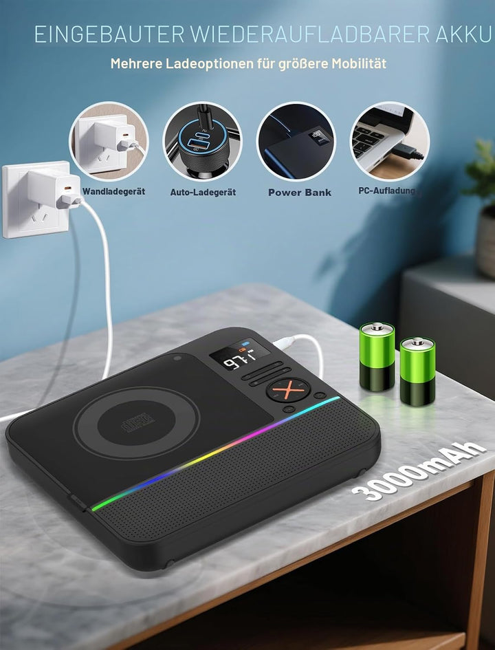 Tragbarer CD Player Bluetooth, Boombox Desktop CD-Player mit Bluetooth FM-Radio und RGB LED-Anzeige