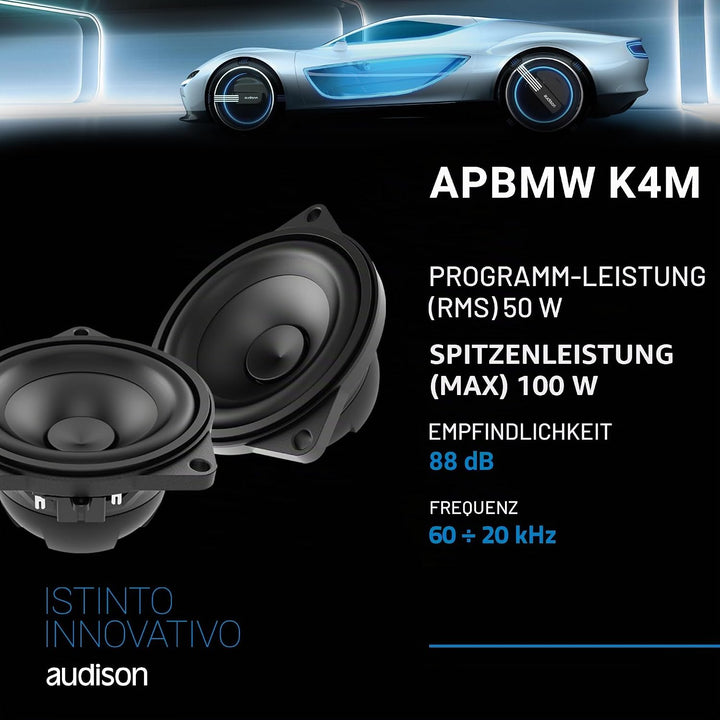 Audison APBMW K4M – 2-Wege-System für BMW/MINI mit 100-mm-Mitteltöner, Hochtöner und Weiche, 100W Pe
