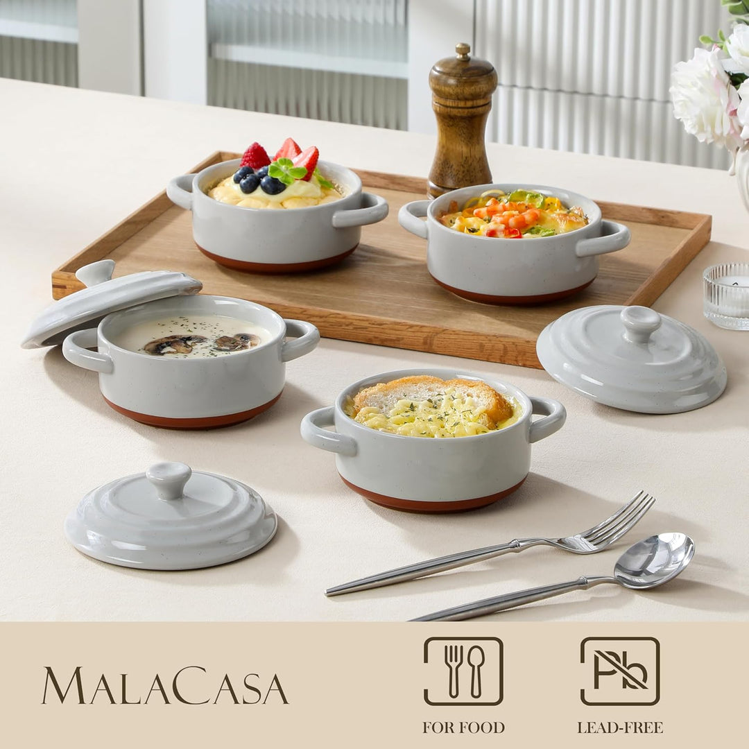 MALACASA Mini Cocotte Set 440 ml, 4 Stück Auflaufform Klein aus Steingut mit Deckel und Griffen, für