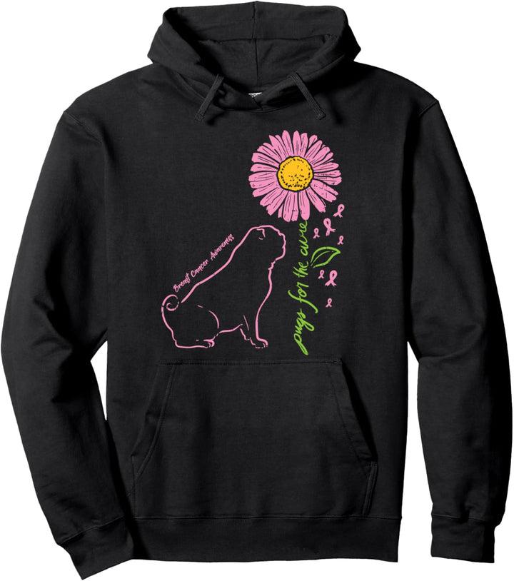 Pug Dog Flower Paw Cure Breast Cancer Awareness Support Gift Pullover Hoodie