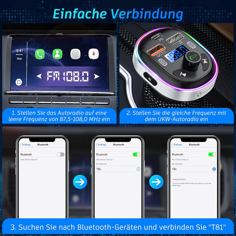 Bluetooth 5.3 FM Transmitter, SONRU Bluetooth Auto Radio Adapter, Metall PD 30W & QC3.0 Schnelles Au