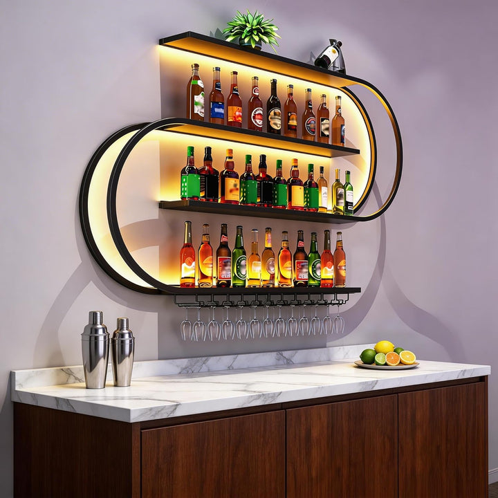 Weinregal zur Wandmontage, schwebendes Barregal mit 4 Ebenen, Industriedesign, Flaschenregal aus Met