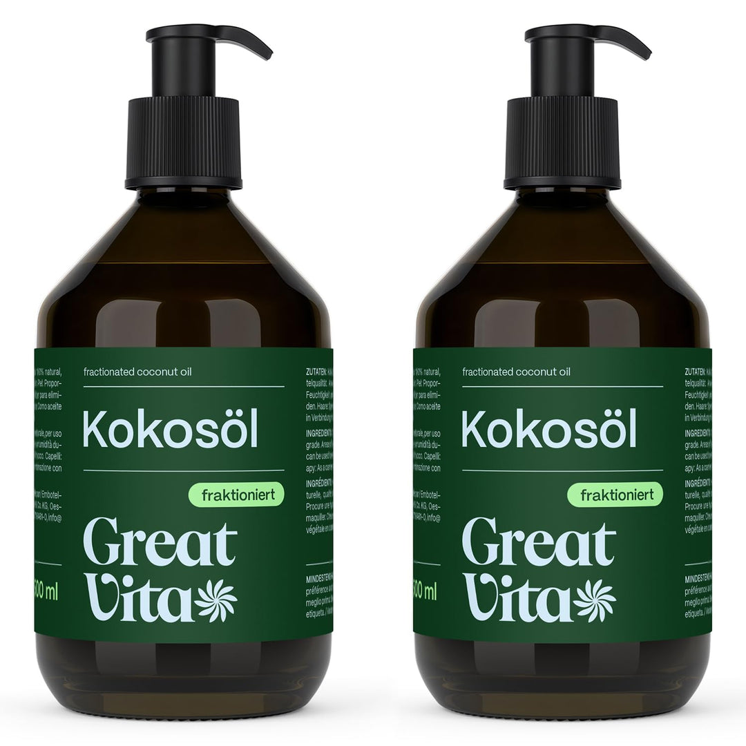 VitaFeel Kokosöl fraktioniert, 2er Pack (2 x 500 ml) in Glasflasche inkl. Pumper