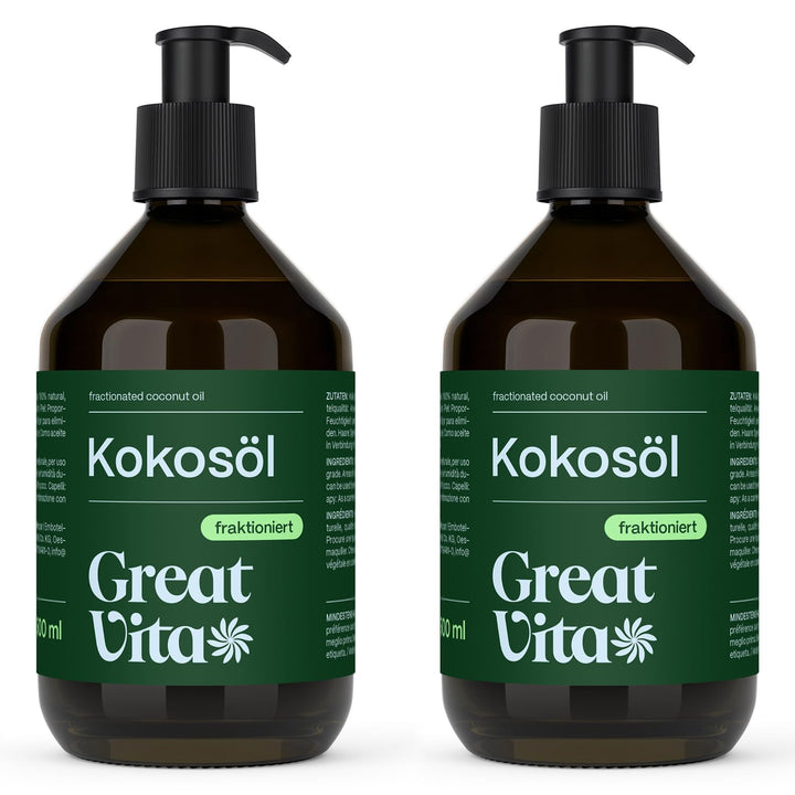 VitaFeel Kokosöl fraktioniert, 2er Pack (2 x 500 ml) in Glasflasche inkl. Pumper