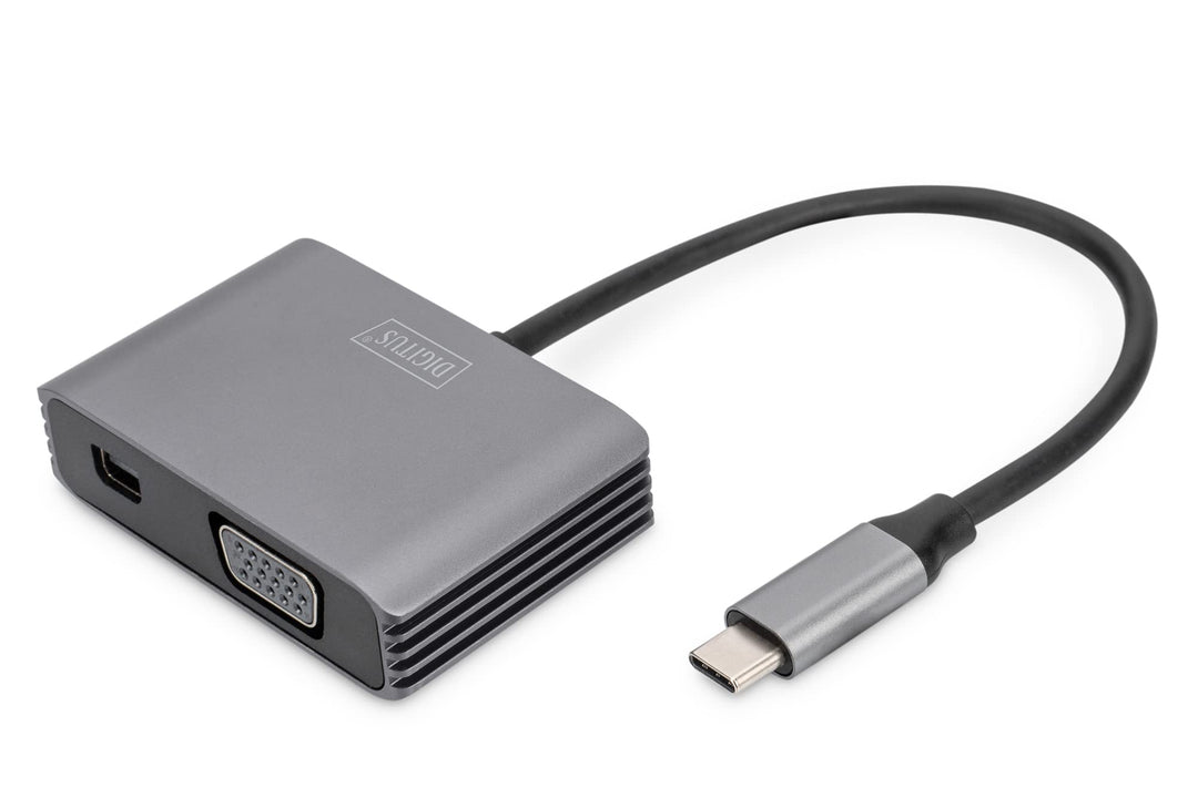 DIGITUS USB-C - Mini DP + VGA Adapter, 20 cm 4K/30Hz, Silber, Aluminium Gehäuse