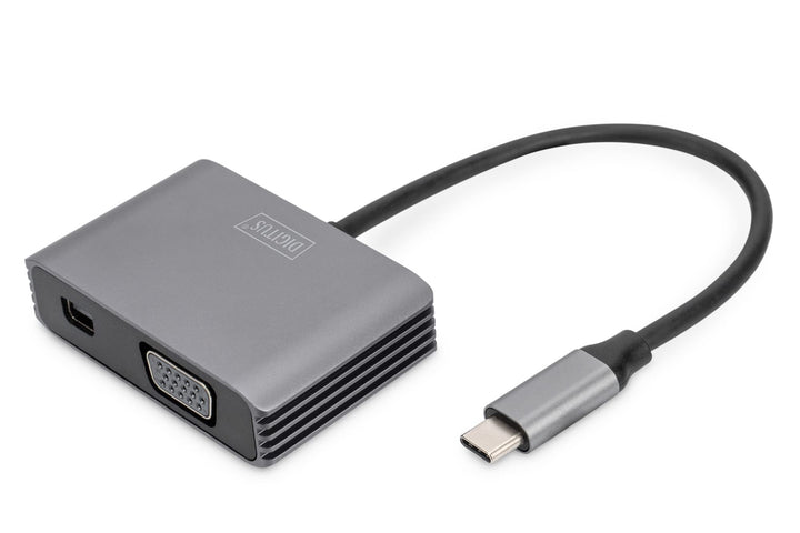 DIGITUS USB-C - Mini DP + VGA Adapter, 20 cm 4K/30Hz, Silber, Aluminium Gehäuse